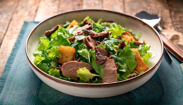 a vibrant bowl of salade landaise a hearty french salad originating from the landes region made with a mix of leafy greens crispy pan fried gizzards tender duck confit slices of smoked duck