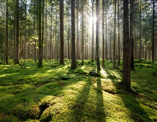 Obraz premium a breathtaking view of lush green forest with sunlight filtering through tall trees casting long serene shadows on the vibrant mossy forest floor