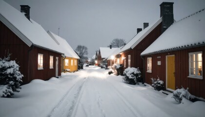 Snowy village at dusk