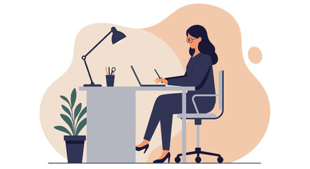 a woman sitting at a desk, working on a laptop with a lamp and other office supplies in front of her. Suitable for landing page, banner, marketing, web design, presentation, infographic, etc.
