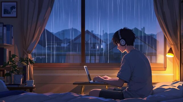 Anime boy typing on computer in bedroom at night with rain outside the window