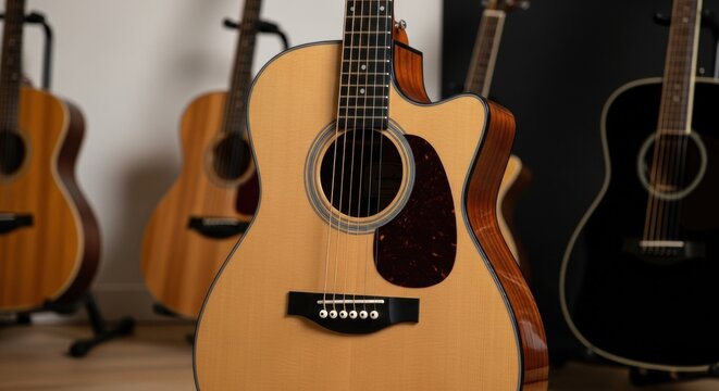 A display of multiple acoustic guitars with different finishes, including natural wood and black, standing upright in a music store or studio, ready for musicians. - Powered by Adobe