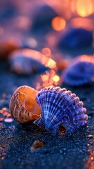 Seashells sit on dark sand near beach in evening twilight