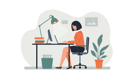 A young woman with short dark hair is working at her desk, typing on the computer, illuminated by a desk lamp in a modern office space.