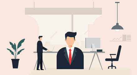 An illustrated office scene presents a business setting with two professional men, a desk, computer, chair, and plant, all under ambient lighting, creating a modern workplace.