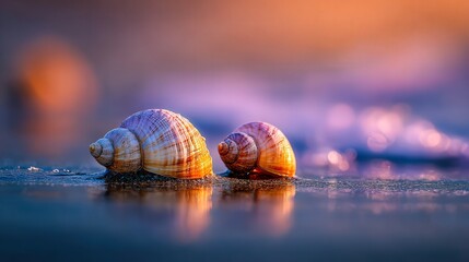 Seashells rest on sand with colorful sunset light, Outer Banks
