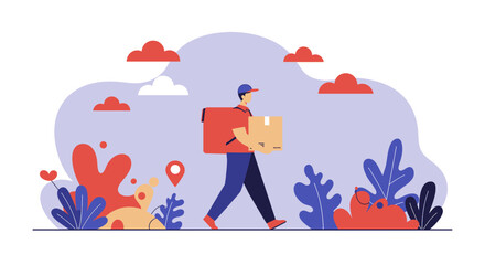 a delivery person walking with a package, surrounded by stylized plants and clouds in the background. Suitable for landing page, banner, marketing, web design, presentation, infographic, etc.