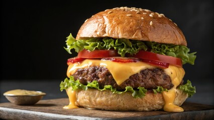 Delicious cheeseburger with melted cheese and fresh toppings beef lettuce