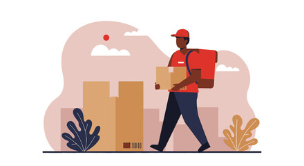 Delivery man holding a box and carrying backpack. Suitable for landing page, banner, marketing, web design, presentation, infographic, etc.