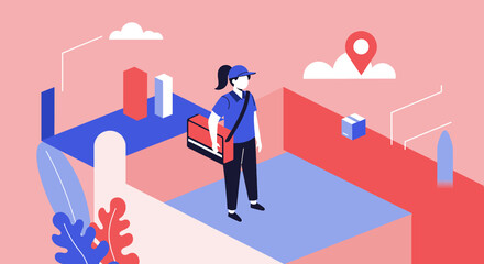 a person in a blue uniform standing in a stylized, geometric space with various objects and a cloud icon. Suitable for landing page, banner, marketing, web design, presentation, infographic, etc.