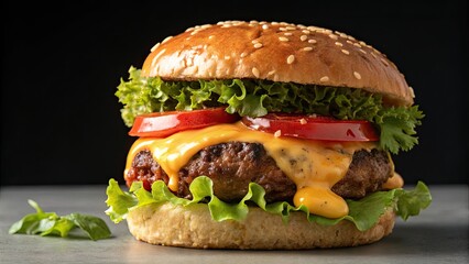 Delicious cheeseburger with melted cheese and fresh toppings beef