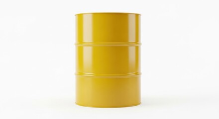 Obraz premium A glossy yellow industrial metal barrel, standing upright and isolated on a pristine white background, perfect for themes of oil, fuel, or industrial chemicals.