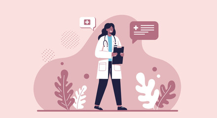 A cheerful female doctor, illustrated in a flat design style, stands confidently holding a clipboard with speech bubbles, promoting healthcare and medical concepts.