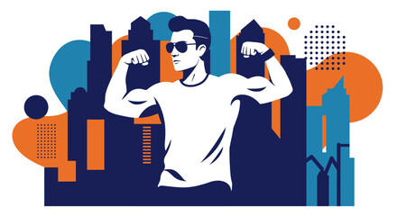 a man flexing his muscles in front of a city skyline with abstract shapes and patterns in various colors. Suitable for landing page, banner, marketing, web design, presentation, infographic, etc.