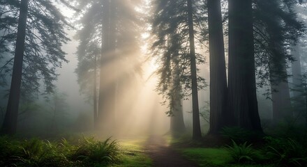 Mystical Redwood Forest Background Sunbeams Through Fog