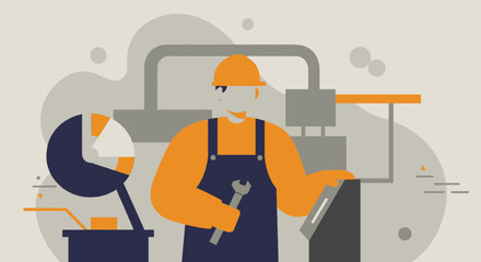 An illustrated worker in an orange jumpsuit and hardhat holding a wrench, operating machinery in an industrial setting, with a modern, flat design.