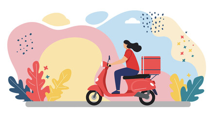 A woman is riding a red scooter with a delivery box attached to the back. Suitable for landing page, banner, marketing, web design, presentation, infographic, etc.