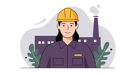 An illustration depicts a female factory worker wearing a yellow hard hat, standing in front of an industrial plant, representing industry and labor.