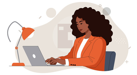 a woman with curly hair working on a laptop at a desk, with a lamp providing light to her workspace. Suitable for landing page, banner, marketing, web design, presentation, infographic, etc.