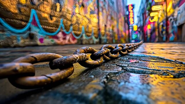 Close-up of a rusty chain on a wet cobblestone street in a vibrant urban alley at dusk