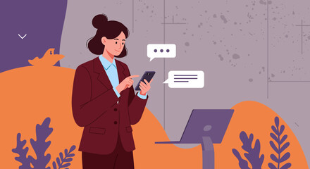a woman in a business suit engrossed in her phone, with chat bubbles indicating an ongoing conversation. Suitable for landing page, banner, marketing, web design, presentation, infographic, etc.