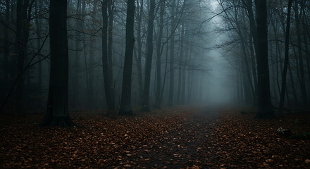 Naklejka premium A haunting, ethereal scene of a foggy forest. The image evokes a sense of mystery and solitude. A path leads into the unknown, bordered by tall trees shrouded in mist.