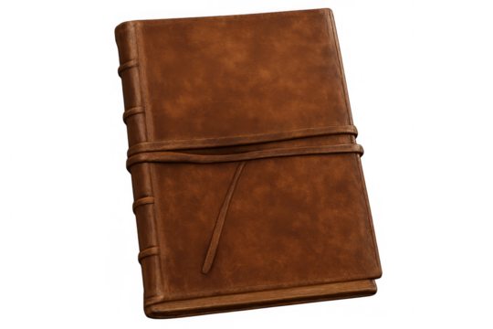 Closed antique leather-bound book isolated on transparent background, evoking a sense of history, knowledge, and vintage charm