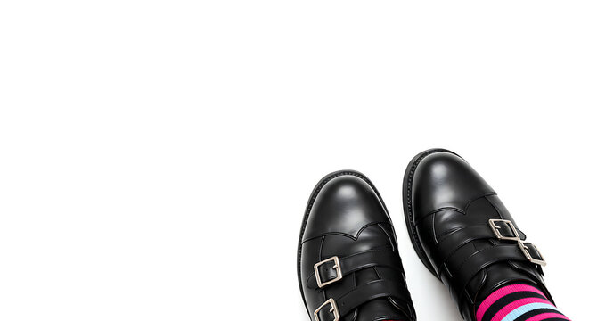 Stylish black leather shoe with the buckle and bright socks create a stunning visual.