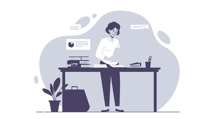 a woman standing at a desk, focused on reading a document, surrounded by office supplies and a plant. Suitable for landing page, banner, marketing, web design, presentation, infographic, etc.