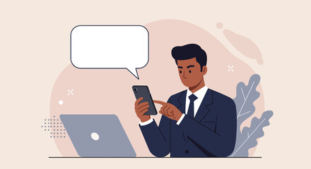 a man in a suit seated at a desk, engrossed in his phone, with a speech bubble above him. Suitable for landing page, banner, marketing, web design, presentation, infographic, etc.