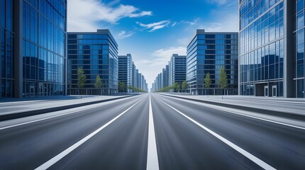 High-resolution photograph of an empty, straight asphalt road running between modern glass-and-steel high-rise buildings under a clear blue sky. A clean, symmetrical, and futuristic urban scene with v