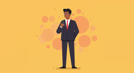 a man in a suit standing against a yellow background with circular shapes surrounding him. Suitable for landing page, banner, marketing, web design, presentation, infographic, etc.