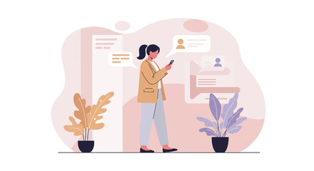 a woman standing indoors, focused on her smartphone, with potted plants and abstract shapes in the background. Suitable for landing page, banner, marketing, web design, presentation, infographic, etc.