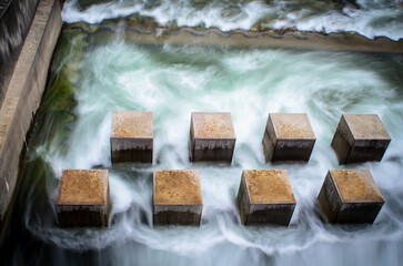 Cubic barriers in turbulent water creating ripples and natural flow obstruction