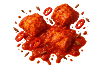 Delicious chicken or paneer tikka masala isolated on transparent background, vibrant