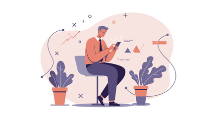 a man sitting in a chair, engrossed in his phone, surrounded by potted plants and abstract geometric shapes. Suitable for landing page, banner, marketing, web design, presentation, infographic, etc.