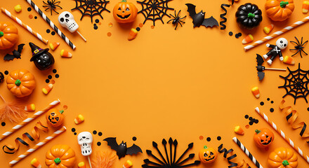 A delightful Halloween composition, festooned with festive decorations and iconic symbols, creates an inviting framework of eerie fun, perfectly capturing the spirit of the holiday season. 