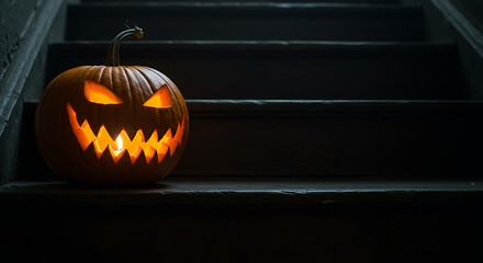 A spooky jack-o'-lantern sits on a dimly lit staircase, its carved face aglow with the light of a candle, evoking a sense of Halloween mystery and dread.