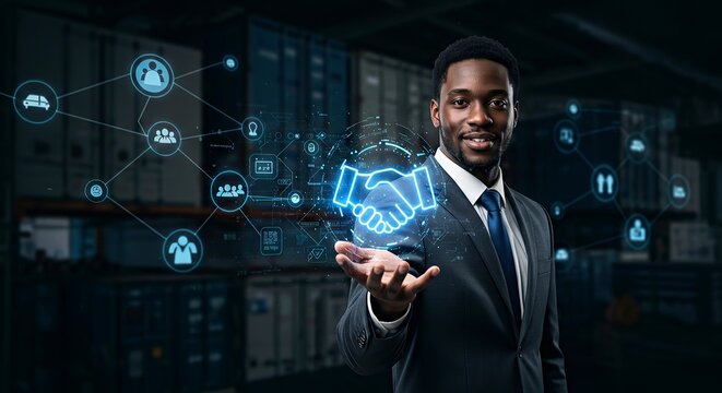 Businessman using holographic handshake in warehouse setting  