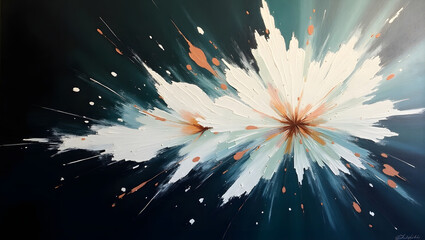 Obraz premium Abstract white and peach flowers with gold accents on a dark teal background