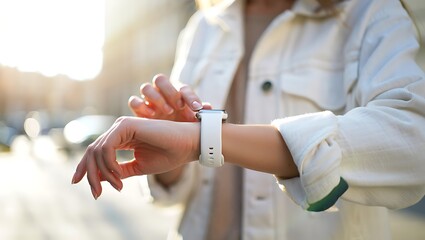 Close up of a woman s hand wearing a white smartwatch and interacting with its screen while standing outdoors in the sunlight with a blurred urban background