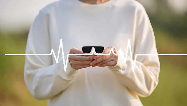 Person holding a smartphone with a white electrocardiogram line graphic overlaid symbolizing health and technology connection in an outdoor setting