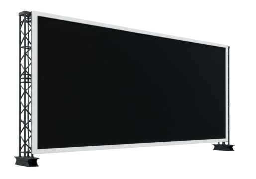 A large rectangular blank black LED screen with a transparent frame and dark grey metal truss structures, isolated against a transparent studio background with even lighting, captured from a 3/4