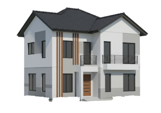 A modern two-story residential house with dark gray tiled roof, white and gray panels, brown elements, large dark windows, balcony, and sliding glass doors, isolated on a transparent background with - Powered by Adobe