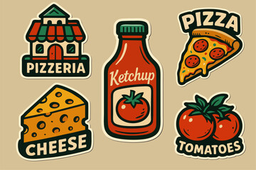 Vintage retro stickers with pizza slice, tomatoes, pizzeria, ketchup, and cheese on a beige background. Perfect for food designs.