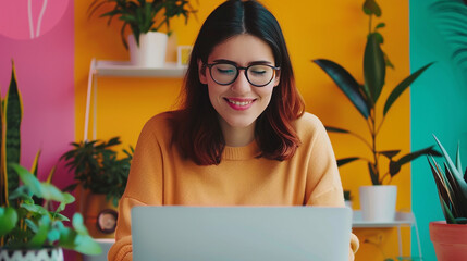 Smiling Woman Working on Laptop in Vibrant Home Office

