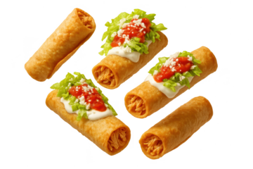 Mexican style crispy fried taquitos with fresh toppings isolated on transparent background.