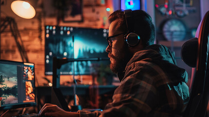 Gamer or Editor Focused on Dual Monitors at Night

