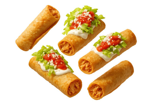 Mexican style crispy fried taquitos with fresh toppings isolated on transparent background.