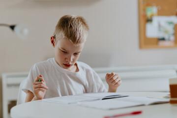 A boy with hearing aids focuses on homework, showcasing natural inclusive education. Authentic...